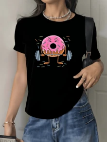 Camiseta de mujer con cuello redondo, diseño casual divertido de donut levantando pesas 220 gramos 100% algodón estilo gráfico 1 unidad de Camisa de T con estampado digital colorido - Negro - Ver 1