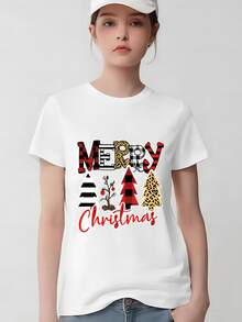 Playera Estampada De Feliz Navidad, Manga Corta, Cuello Redondo, Top Casual Para Verano Y Primavera, Ropa De Mujer - Blanco - Ver 1