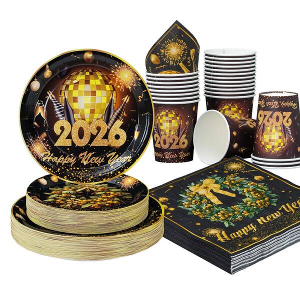 10 Stücke/25 Stücke Weihnachtsthema Einweg-Geschirr Set, 7"/9" schwarze Basis, goldenes 2026 Frohes Neues Jahr Einweg-Pappteller Party Zubehör Set, Frohes Geburtstag Einweg-Teller, Becher und Servietten, Party Dekorationen, Einweg-Party, Geburtstagsfeier, Geschenkparty, Feier-Event Dekorationen