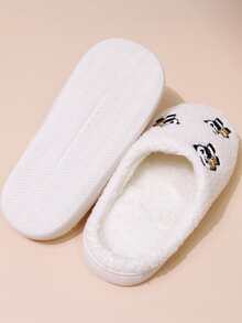1 双青少年/情侣毛绒熊拖鞋，卡通熊猫刺绣，厚底轻便，法兰绒衬里，室内保暖家居鞋 - 白色 - 查看 4