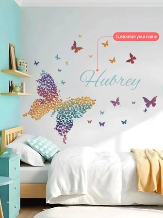 Custom Wall Stickers, Customizable Name,Colorful Butterflies Wall Decals - PVC Self-Adhesive Removable Wall Stickers For Nursery, Kids' Room, Playroom, Or Classroom – Cute & Creative Wall Decor For Any Space