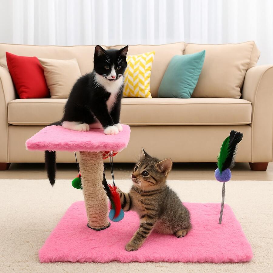 Scratching Post With Interactive Toys With Sisal And Balls - Baby Pink - View 1