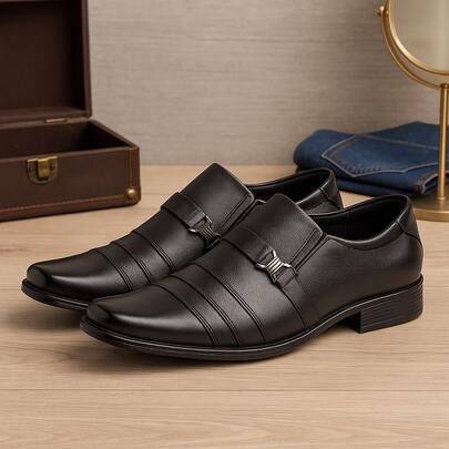 Sapato Social Loafer Masculino Bico Quadro em Couro Negócios Fivela Escritório