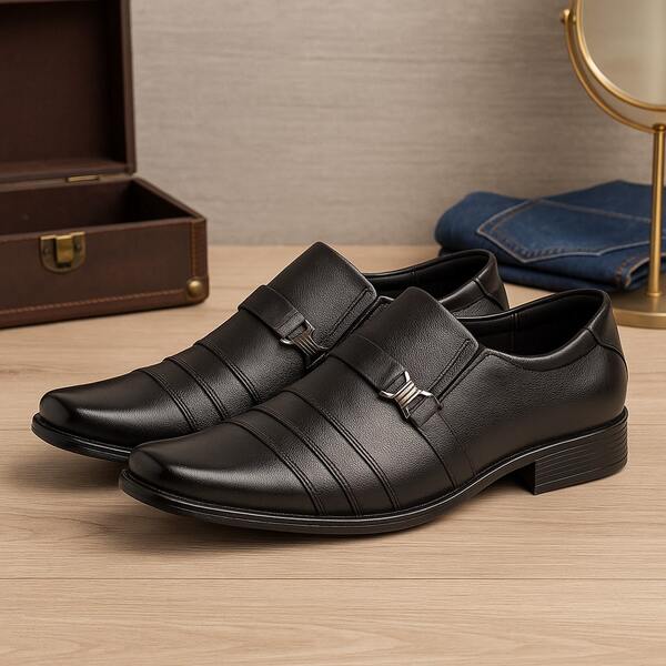Sapato Social Loafer Masculino Bico Quadro em Couro Negócios Fivela Escritório