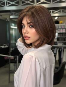 浅棕色 12 英寸直发假发（带刘海） - 适合日常佩戴、派对和角色扮演 - 女士合成纤维假发 - 时尚且易于在音乐节上佩戴 - Dark Brown - 查看 12