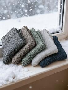 5 Pairs Unisex Mixed Earth Tones Thick Knit Merino Wool Socks - Warm Thermal Comfort, Casual Outdoor Crew Socks, Ideal For Winter Daily Wear & Cold Weather Valentine's Day It's The Perfect Gift For A Lover Or Significant Other. - Multicolor - View 7