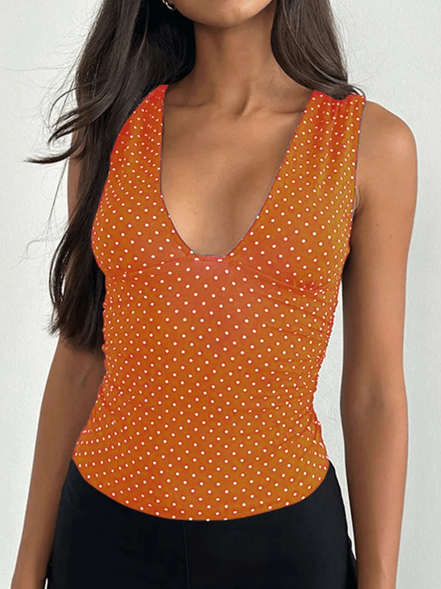 Women's Sleeveless Tank Tops Stylish Dot Print V Neck Slim Fit T-Shirt For Summer - trái cam - Xem 1