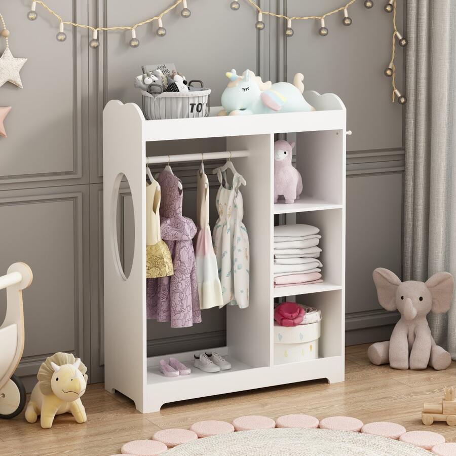 Velacasa White Wooden Dress Up Storage With Mirror & Hooks – Clothes Rack,Hanging Rod, 3 Side Hooks, Open Shelves & Top Storage, Sturdy MDF Construction For Playroom, Bedroom - White Storage - View 1
