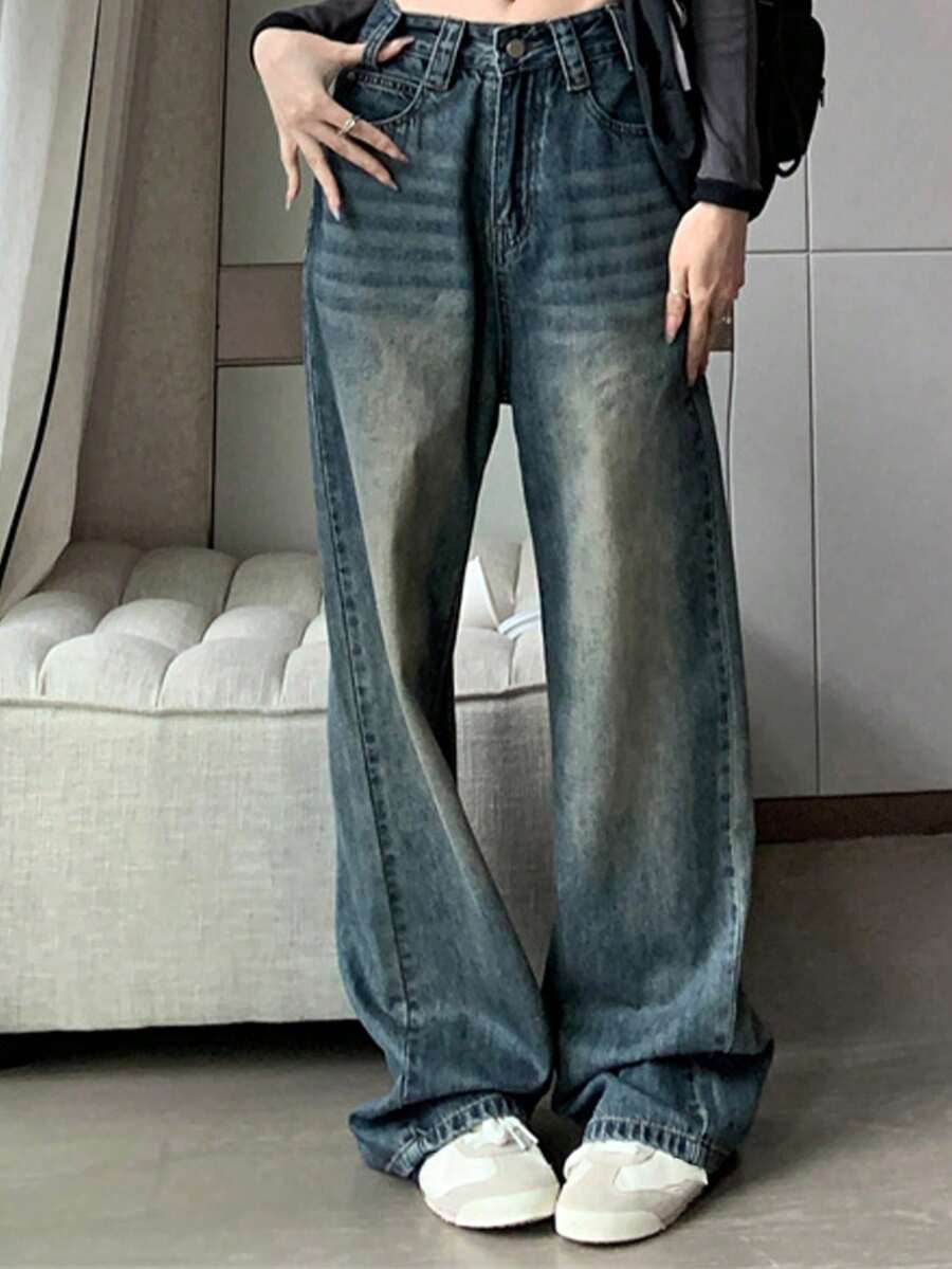 Women's High Waist Loose Straight Leg Dark Blue Denim Jeans