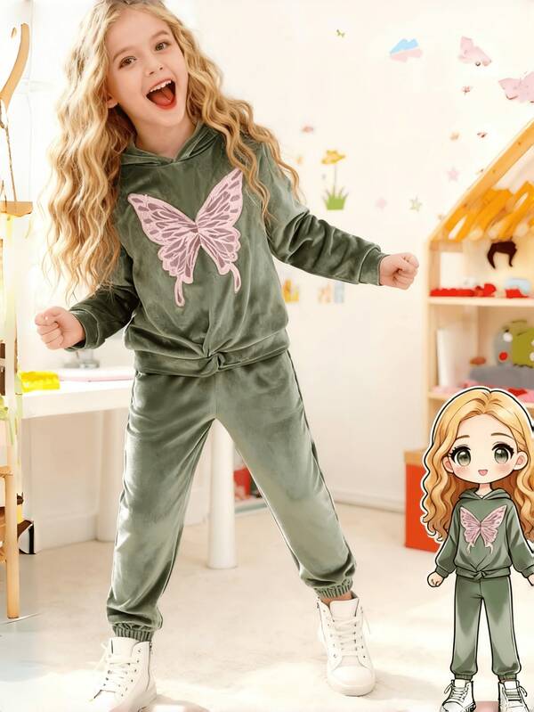 2pcs Girls Velvet Hoodie Sweatshirt And Pants Set, Soft & Comfortable, Butterfly Print, Bow Decor, Casual Style, Suitable For 8-12 Years Old, Autumn/Winter