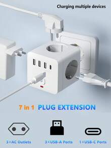 1 pezzo Presa multipla 7 in 1 con spina EU, adattatore senza fili con 3 prese AC, 3 porte USB-A, 1 porta USB-C, protezione da sovraccarico, interruttore indipendente, adatto per casa, ufficio, viaggio, camera da letto, gaming, disponibile in bianco e nero, presa senza fili per un facile trasporto e utilizzo