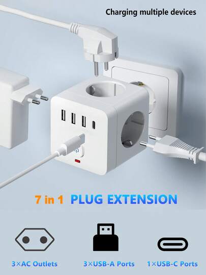 1pc 7-In-1 EU Plug Socket, Wireless EU Plug Adapter With 3 AC Outlets, 3 USB-A Ports, 1 USB-C Port, Overload Protection, Independent Switch, Suitable For Home, Office, Travel, Bedroom, Gaming, Available In White And Black, Wireless Socket For Convenient Carrying And Use