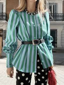 Women's Round Neck Gigot Sleeve Striped Single-Breasted Blouse - Green - View 5