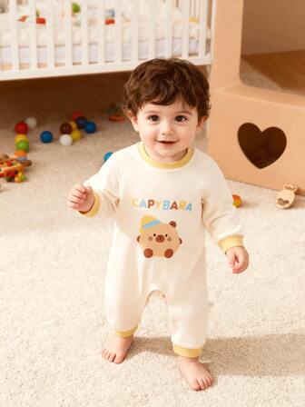 Baby Boy Front Button Jumpsuit, Cartoon Capybara Print, Wool Silk Jumpsuit, Infant Long Sleeve , Suitable For Spring, Autumn, Winter