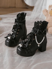 Kawaii Shoes For Women,Goth Lolita Platform Boots,Bow Ankle Boots Cute Sweet Cosplay Shoes - 黑色 - 查看 1