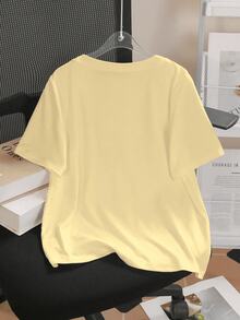 Mujer Casual T-shirt con letras imitación bordado Estilo Suelto Cuello Redondo Manga Corta Primavera Verano Diario Camiseta - Amarillo claro - Ver 2