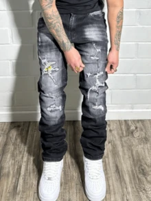 Men's Dark Wash Skinny Fit Ripped Jeans, Stretchy Casual Pants - Black - View 3