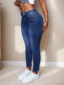 Pantalón vaquero mezclilla skinny jeans dama mujer cintura alta corte ajustado stretch bolsillos funcionales cierre reforzado botón metálico costuras visibles cómodo diario casual - Azul - Ver 4