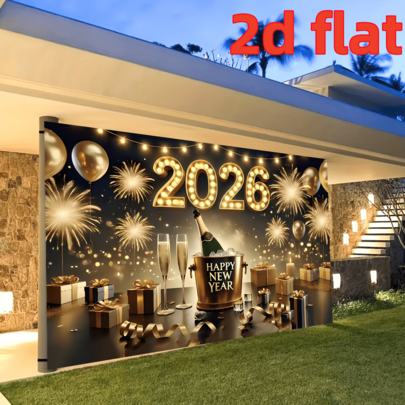 1pc 2d 2026 New Year's Eve Balloon Style Banner Background Fabric - Featuring Balloon, Fireworks, Gift Box, Champagne Pattern Designs, Polyester Material, Large Size Background Fabric In Gold And Black, Multiple Size Options, Suitable For 2026 Party Decoration.