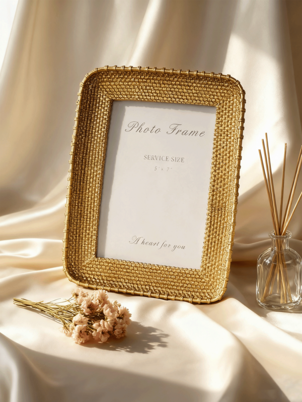Marco de fotos vintage dorado, marco de fotos de metal dorado hecho a mano con textura de ratán, panel de vidrio, marco de fotos antiguo, adecuado para exhibición de escritorio y
