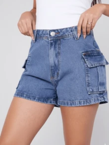 Women's Cargo Jean Shorts - Azul lavado medio - Ver 1