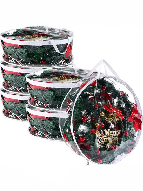 3pcs Transparent Wreath Storage Bag, 24 Inch/ 28.3 Inch Christmas Wreath Storage Containers, Heavy-Duty PVC Garland Protector With Handle For Seasonal Christmas Wreaths Storage And Organization, Organizer Supplies Winter Christmas Party Gift Supplies