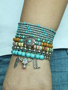 5pcs/11pcs Boho Western Turquoise Beaded Bracelet Set Cowboy Charm Stack With Feather & Boot Pendants For Women And Men Perfect Gift For Party Wear - Bull Head Imitation Turquoise Bracelet Set - View 4