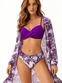 3 Piece Bikini Swimsuit Set With Positioning Print, Beachwear And Women's Vacation Fashion - 紫色 - 查看 4