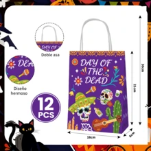 12 Bolsas para Dulces Galletas Día de Muertos, Bolsas de Papel Kraft Diseño de Catrina y Calaveras, Bolsas de Regalos para Fiesta, Escuela, Panadería, Negocio y Packaging Temático - Multicolor - Ver 2