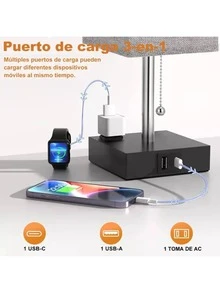 Lámparas De Buró Escritorio Led 3 Colores Con Foco Y Usb-c Lámpara de mesa USB de noche, Lámparas de computadora regulables de 3 vías, Lámpara de mesa de cadena con 2 puertos de carga USB, 1 salidas de CA, Visualización de tela, Luz para recámara - Tipo de Enchufe A USA (110-127V) - Ver 3