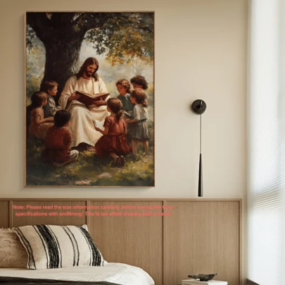 1 件耶稣在树下教导孩子们帆布墙艺术，温暖的基督教油画艺术，适合信仰启发的家居装饰和宗教礼物，墙艺术，海报，带框架的墙艺术，房间布置，墙艺术，房间装饰美学，复古装饰，客厅墙艺术 - 帆布材料（可选框架）