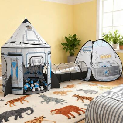 White Rocket Ship Play Tent For Kids With Tunnel & Ball Pit, Astronaut Space Theme Playhouse, Indoor Outdoor Toys Gift For Boys Girls