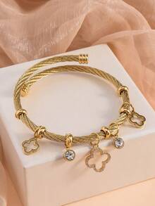 1 件钛钢 18K 镀金开口袖口手链，带哑光镂空幸运四叶草吊坠，适合女性日常佩戴 - 金黃色 - 查看 7