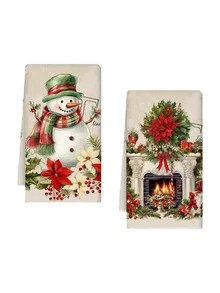2pcs Festive Christmas Kitchen Towels - Retro Snowman Stove Pattern Decoration, Quick-Dry & Absorbent Microfiber,Polyester Material,Red Plaid Merry Christmas Decorative Tea Towels For Cooking, Baking & Housewarming.For Holiday Decor, Cartoon, Country Style, Country Style, Rectangular Shape15.7x23.6 Inches