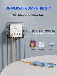1 pezzo Presa multipla 7 in 1 con spina EU, adattatore senza fili con 3 prese AC, 3 porte USB-A, 1 porta USB-C, protezione da sovraccarico, interruttore indipendente, adatto per casa, ufficio, viaggio, camera da letto, gaming, disponibile in bianco e nero, presa senza fili per un facile trasporto e utilizzo