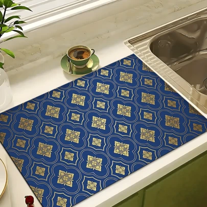 1pc Traditional Vintage Floral Pattern Printed Dish Drying Mat, Absorbent Pad For Espresso Machine, Sink, Faucet, Bathroom, Kitchen Accessories