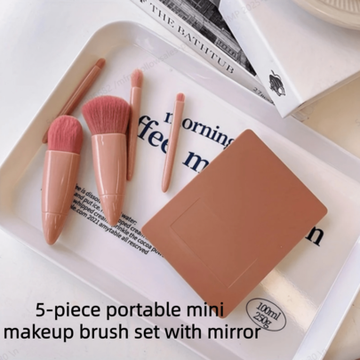 5pcs Portable Mini Makeup Brush Set With Mirror, Professional Beauty Tools, Soft Fiber Hair And Eyeshadow Brushes, Plastic, No Electricity Needed, Featherless, 5-In-1 Multifunctional Makeup Brush Set Including Lip Brush, Eyeshadow Brush, Blending Brush, Foundation Brush, Powder Brush, Back To School Gift