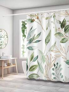 1pc Modern Fresh Style Gradient Color Green & Gold Plant Printed Waterproof Polyester Bathroom Shower Curtain, Mildew Resistant Without Punching Home Bathroom Decor Fall Decor Bathroom Accessories Back To School - Multicolor - View 12