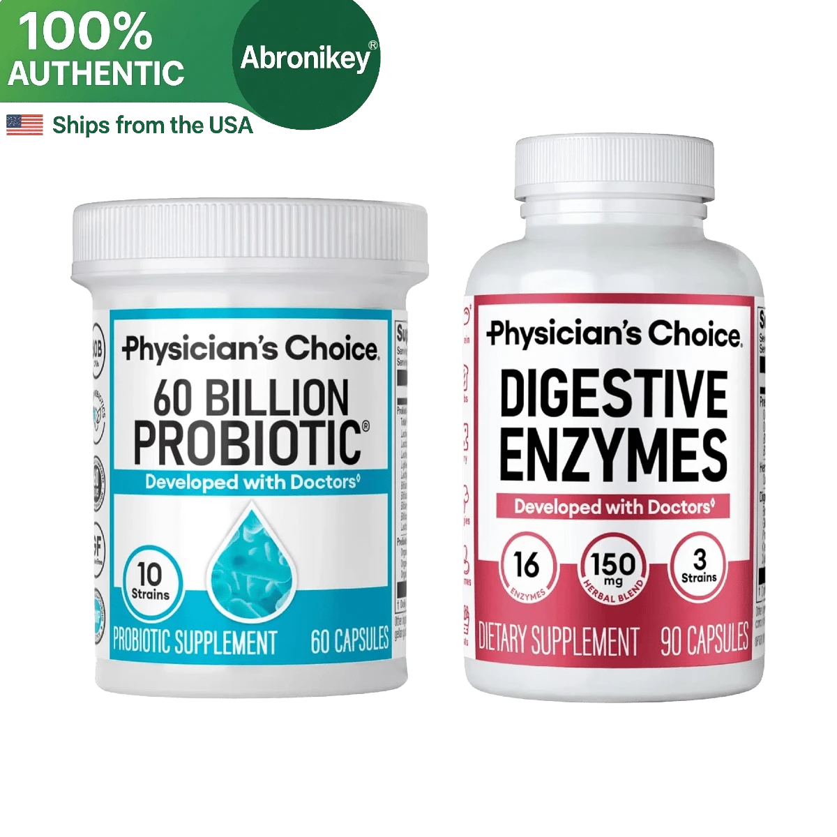 Abronikey Physician's CHOICE Gut Health Bundle – 60 Billion CFU Probiotics + Digestive Enzymes – Supports Bloating Relief, Nutrient Absorption & Immune Health – 150 Vegan Capsules - Gói 2 - Xem 1