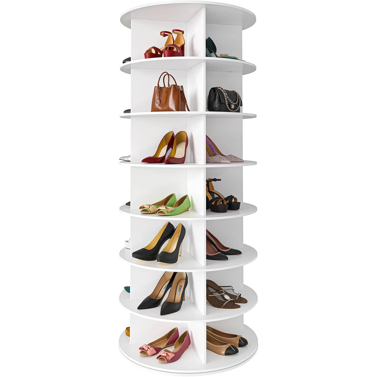 7 Tier Rotating Shoe Rack Tower, Free Standing 360° Shoe Organizer Lazy Susan, Bag Display Rack Storage Round Carousel, Neat And Elegant Shoe Storage Solution - 白色 - 查看 1
