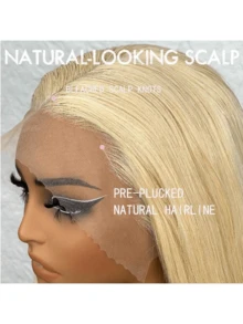 34英寸200%密度水波纹蕾丝前假发,真人混纺发丝,预先拔毛,13x4高清透明水波纹蕾丝前假发,#613金色,自然发际线带婴儿绒毛,200%密度水波纹蕾丝假发,深波纹蕾丝前假发,适合女性日常佩戴 - S/613 - 查看 4