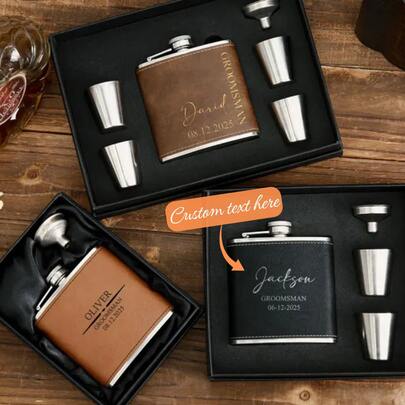 1pc Customized Leather Flask, Stainless Steel Portable Hip Flask, Personalized Engraved Flask, Vintage Minimalist Design, Reusable, Suitable For Groomsmen, Father's Day, Birthday, Anniversary, Gift For Husband, Dad, Boyfriend, Groomsmen Gift, Wedding Party Gift