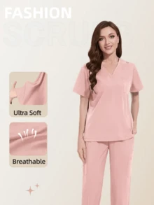 Damen Scrubs Set - V-Ausschnitt Oberteil & Jogginghose mit elastischem Bund und 3D Großen Taschen Anti-Rutsch