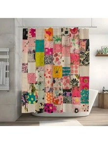 1pc Vintage Patchwork Floral Print, Colorful Art Design Non-Light-Blocking Shower Curtain With Hooks, Suitable For Home Hotel, Bathroom Decoration, Bathroom Partition, Room Decoration