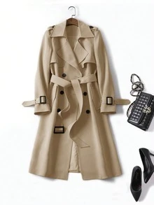 Women's Versatile Elegant Autumn/Winter Trench Coat, Fashionable Commuter Casual Long Windbreaker Jacket, British Style Midi Coat - Khaki - View 5