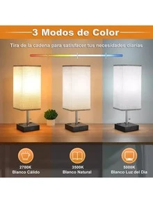 Lámparas De Buró Escritorio Led 3 Colores Con Foco Y Usb-c Lámpara de mesa USB de noche, Lámparas de computadora regulables de 3 vías, Lámpara de mesa de cadena con 2 puertos de carga USB, 1 salidas de CA, Visualización de tela, Luz para recámara - Tipo de Enchufe A USA (110-127V) - Ver 2