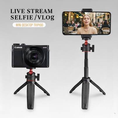 1 Piece Compact Selfie Stick Tripod With Handle Grip For Webcam, Canon G7X Mark III, ZV-1, RX100 VII, A6400, A6600 Cameras - Portable Mini Vlogging Stand With Adjustable Legs & Rubber Feet For Stability