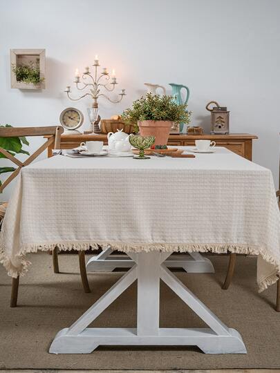 1 件农舍风格华夫格子白色流苏桌布，长方形桌布，适用于咖啡桌、电视柜、圣诞节、万圣节家居装饰