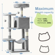 Large Multi-Level Cat Tree, 44 Inches Tall With Sisal-Covered Scratching Posts, Condo, Hammock, Dangling Ball, And Extended Platform For Cats To Play And Sleep - Light Grey - View 3