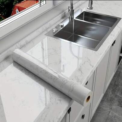 1 pieza Adhesivo de vinilo con patrón de mármol clásico de alto brillo - Impermeable, resistente al calor y duradero, adecuado para alféizares de ventanas, gabinetes, encimeras, renovación de muebles. Rollo de vinilo de granito removible, fácil de limpiar e instalar